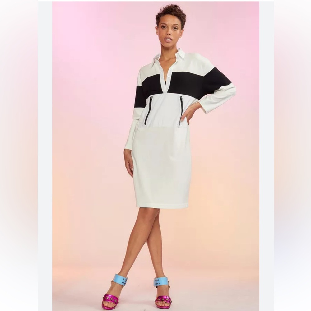 NWT $425 Cynthia Rowley Rugby Shirt Dress WHITE BLACK Cotton S Polo Sweatshirt
